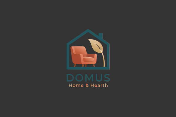 Logo for DOMUS Home & Hearth featuring a house with an armchair and leaf.